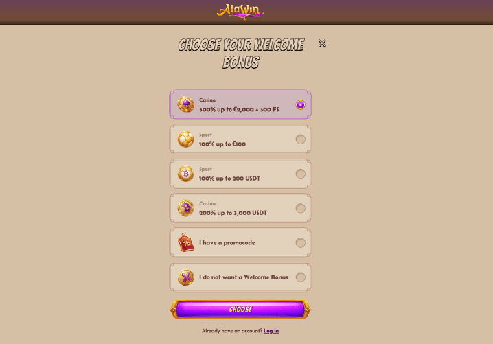 alawin casino bonus screenshot