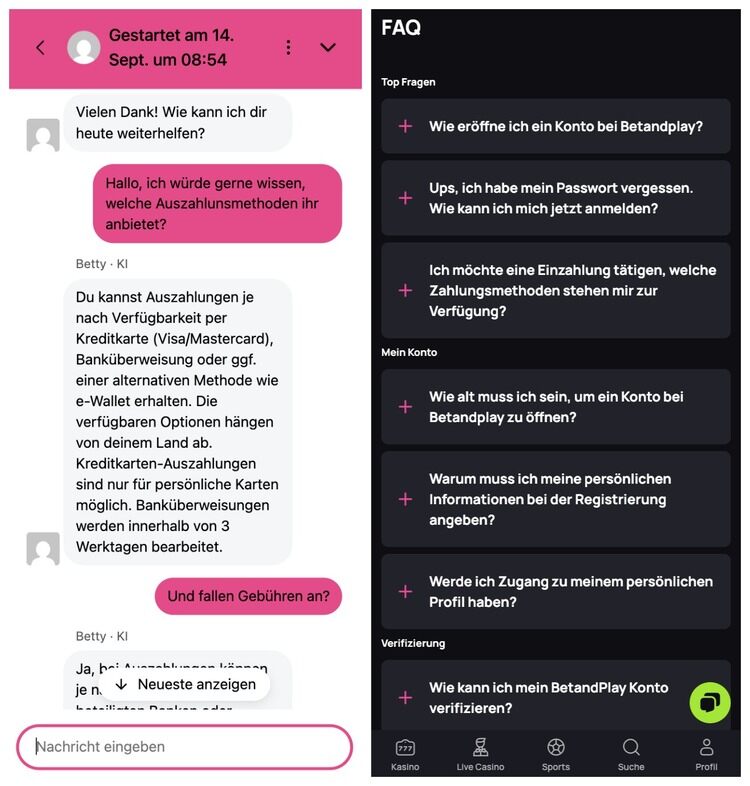betandplay casino support screenshot