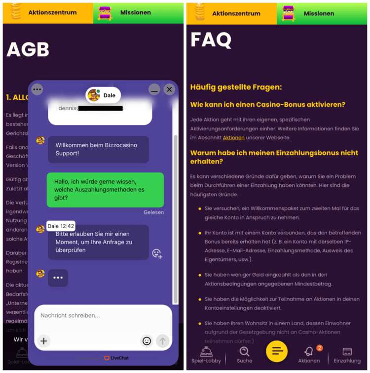 bizzo casino support screenshot