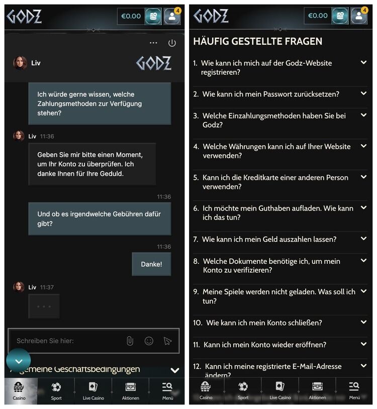 godz casino support screenshot