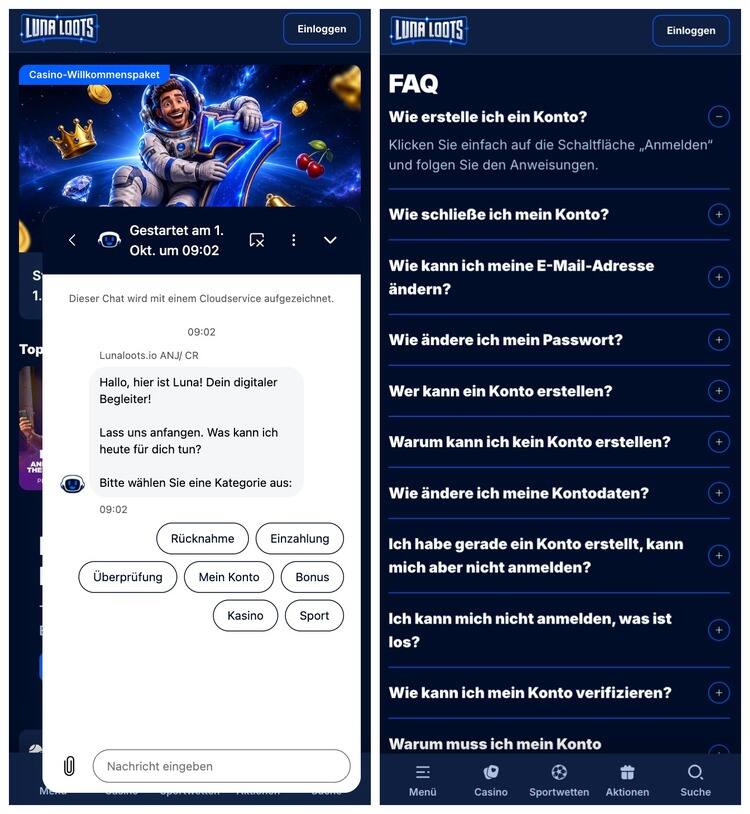lunaloots casino support screenshot