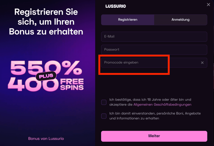 lussurio casino promocode screenshot