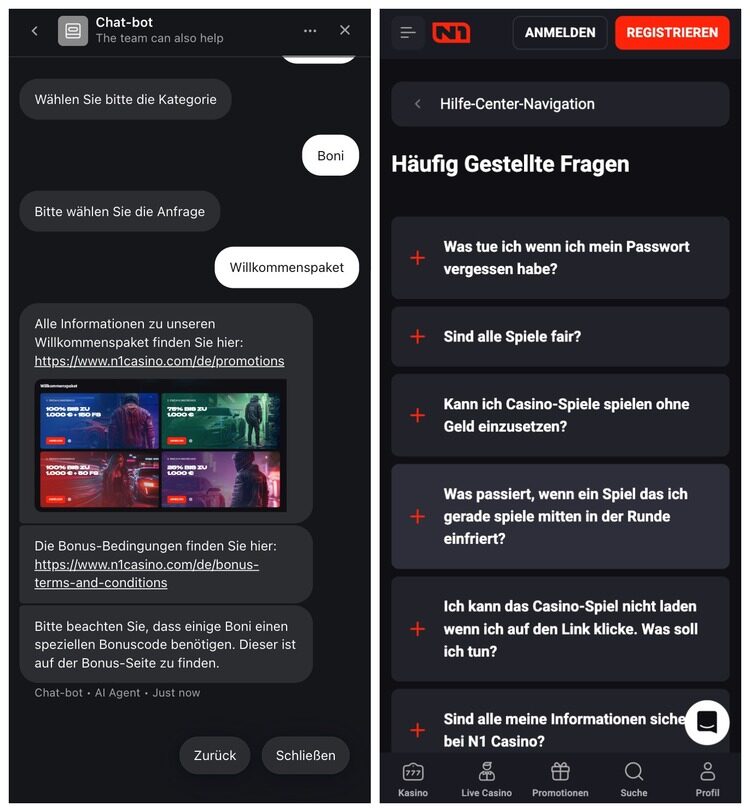 n1 casino support screenshot