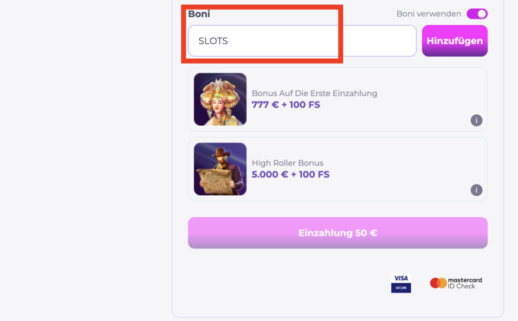 slotsgallery casino promo code screenshot
