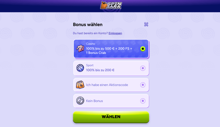 spinbara casino bonus screenshot