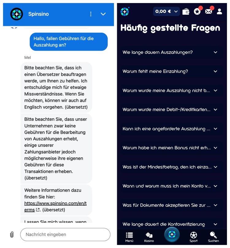 spinsino casino support screenshot