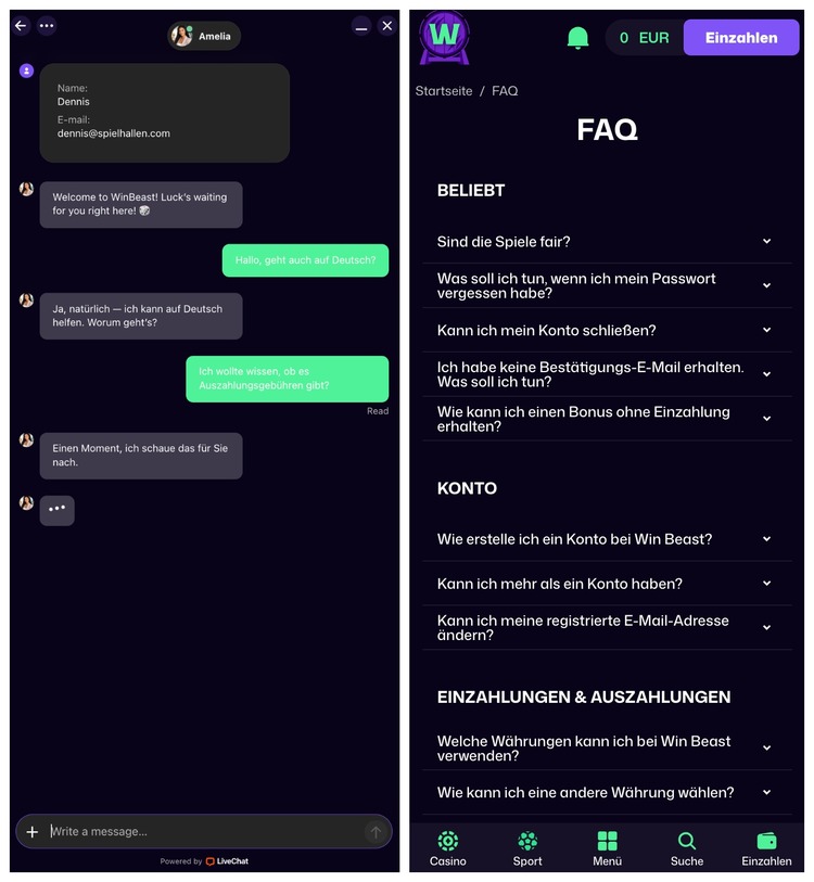 winbeast casino support screenshot