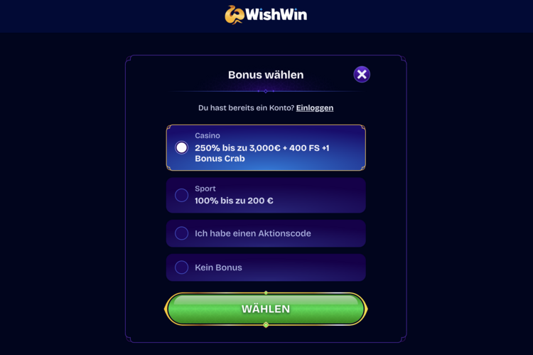 wishwin casino bonus screenshot